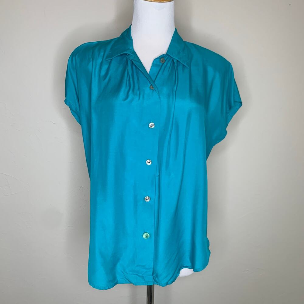 Vintage Rayon Teal Blouse Sz Small 80s Short Sleeves